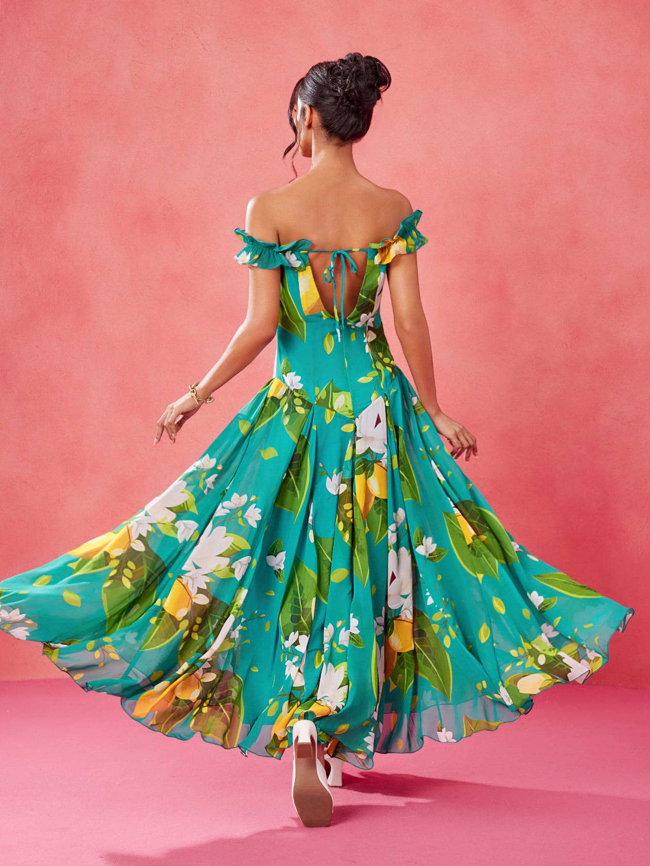 Sweet Magnolia - BELANGE HANDMADE x SHEIN - Boho Bohemian Multicolor Chiffon Lemon & Green Plant Print Off Shoulder Ruffle Sleeve Corset Bodice Drop Waist Elegant Maxi Dress- Available on SHEIN.COM Only
