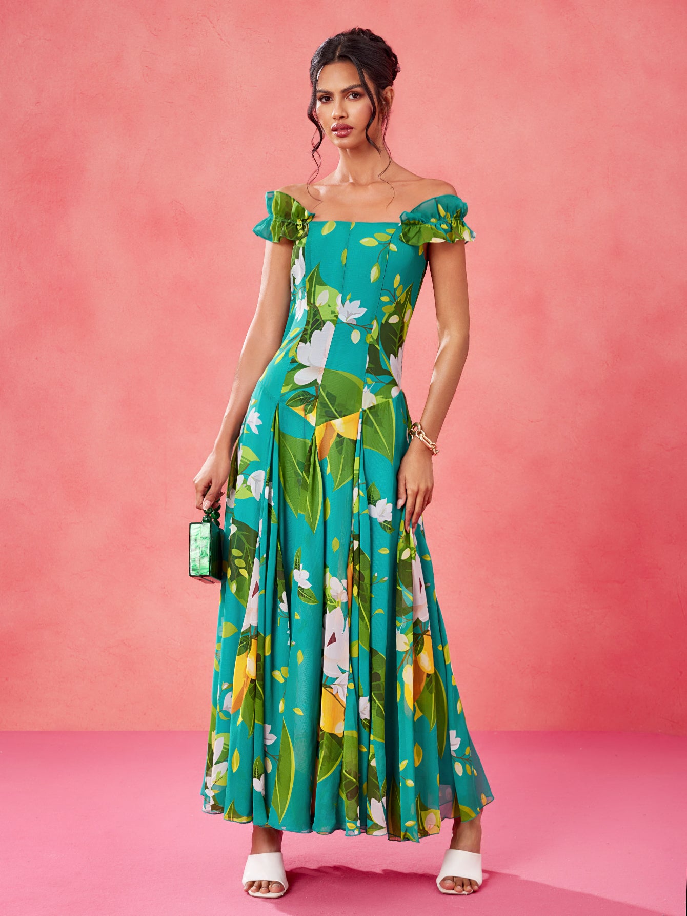 Sweet Magnolia - BELANGE HANDMADE x SHEIN - Boho Bohemian Multicolor Chiffon Lemon & Green Plant Print Off Shoulder Ruffle Sleeve Corset Bodice Drop Waist Elegant Maxi Dress- Available on SHEIN.COM Only