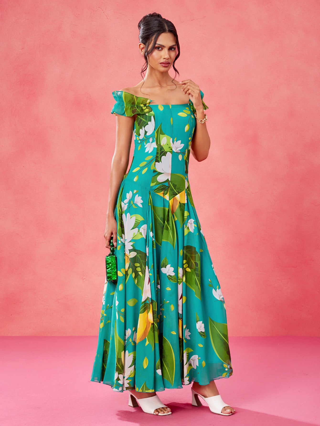 Sweet Magnolia - BELANGE HANDMADE x SHEIN - Boho Bohemian Multicolor Chiffon Lemon & Green Plant Print Off Shoulder Ruffle Sleeve Corset Bodice Drop Waist Elegant Maxi Dress- Available on SHEIN.COM Only
