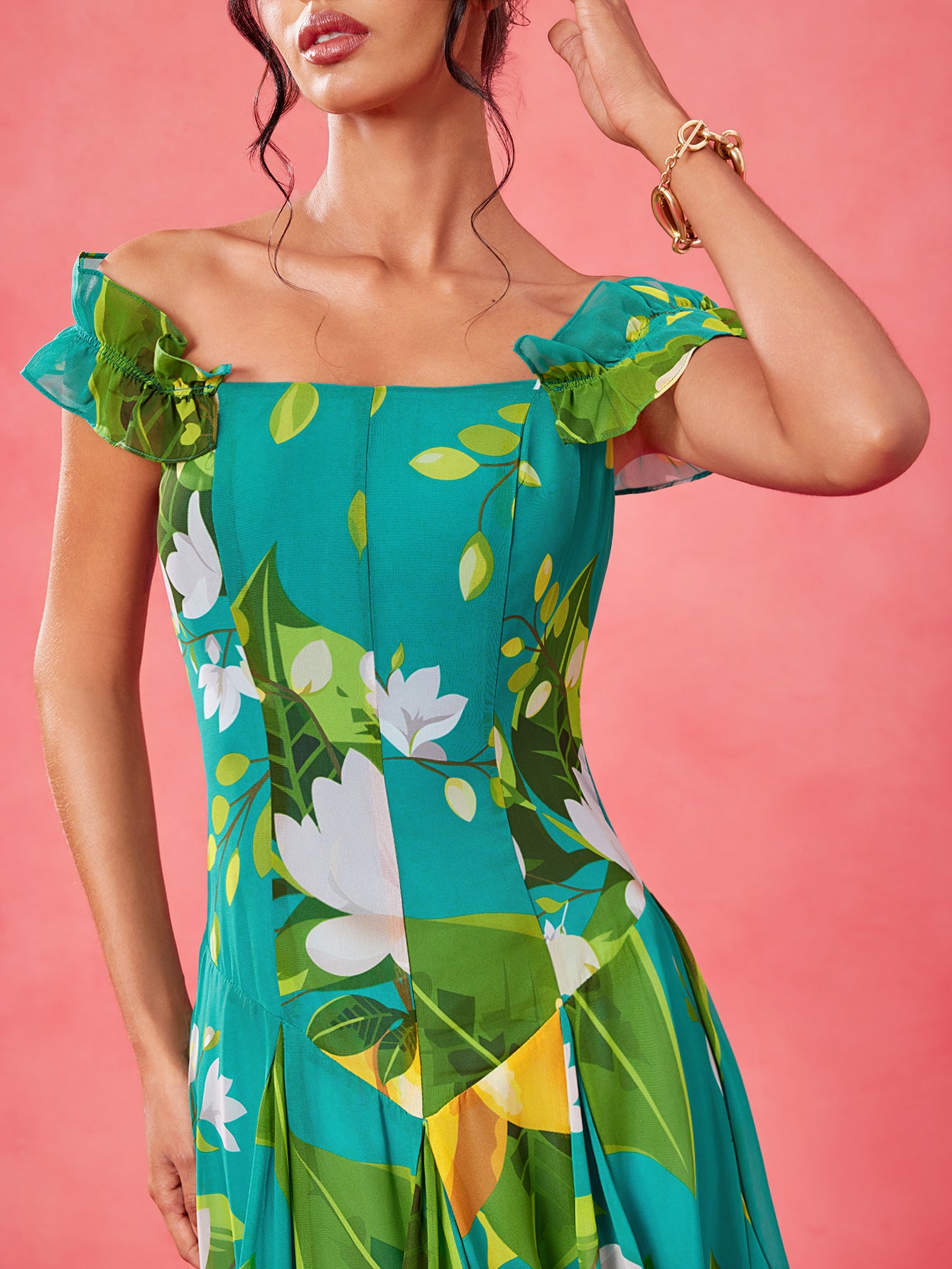 Sweet Magnolia - BELANGE HANDMADE x SHEIN - Boho Bohemian Multicolor Chiffon Lemon & Green Plant Print Off Shoulder Ruffle Sleeve Corset Bodice Drop Waist Elegant Maxi Dress- Available on SHEIN.COM Only