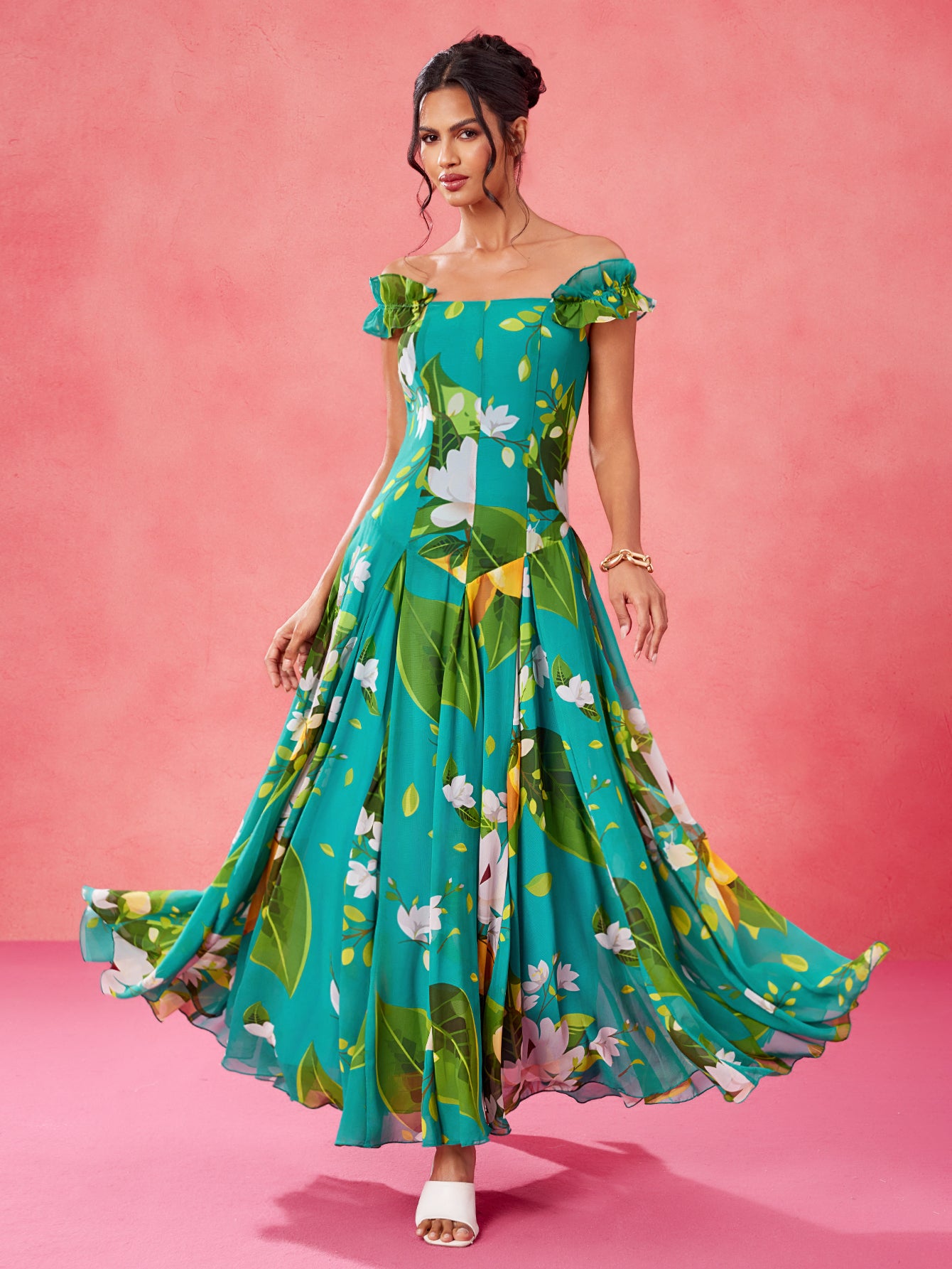 Sweet Magnolia - BELANGE HANDMADE x SHEIN - Boho Bohemian Multicolor Chiffon Lemon & Green Plant Print Off Shoulder Ruffle Sleeve Corset Bodice Drop Waist Elegant Maxi Dress- Available on SHEIN.COM Only