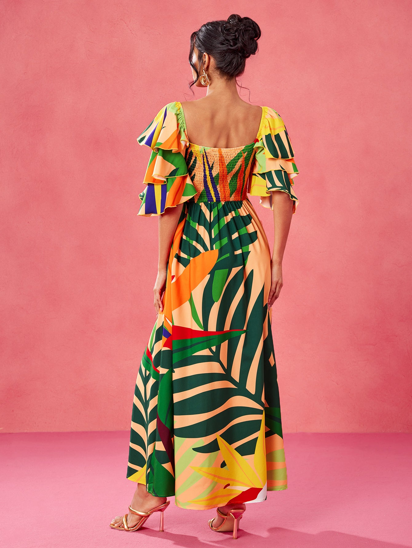 Sweet Tropical Burst- BELANGE HANDMADE x SHEIN - Boho Bohemian Multicolor Print Smocked Shirred Bodice Tiered Ruffle Sleeves Slit Maxi Dress- Available on SHEIN.COM Only