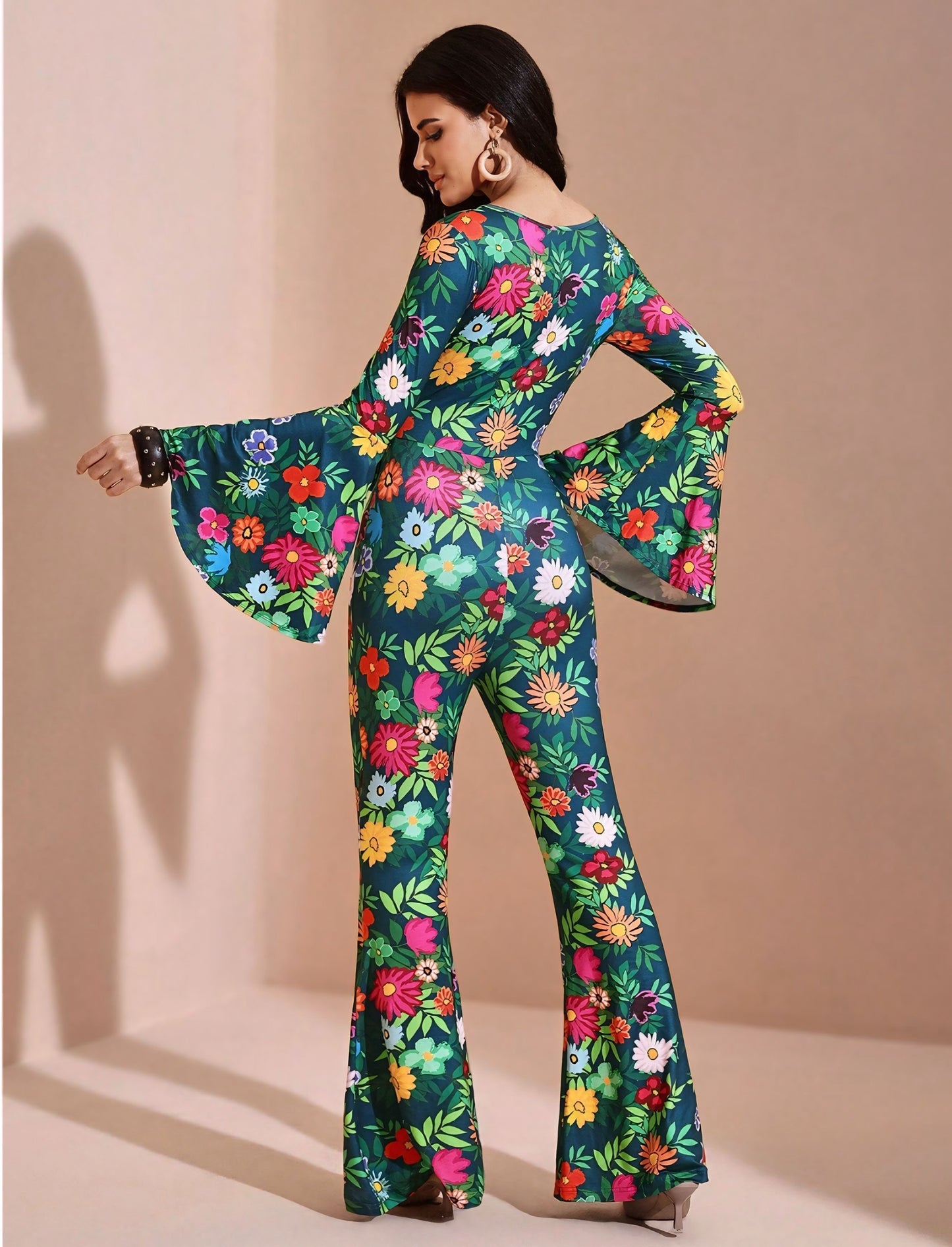 BELANGE HANDMADE X SHEIN - Autumn Floral Print Flare Leg Jumpsuit- Available on SHEIN.COM Only