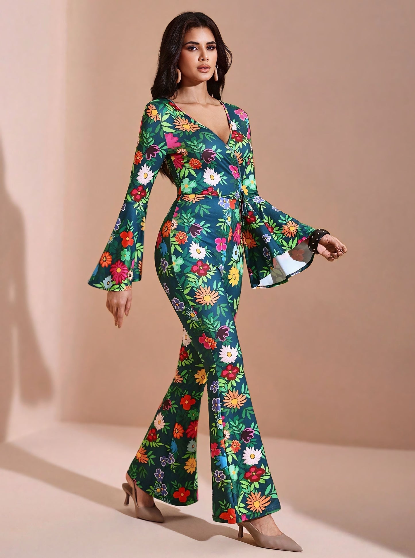 BELANGE HANDMADE X SHEIN - Autumn Floral Print Flare Leg Jumpsuit- Available on SHEIN.COM Only