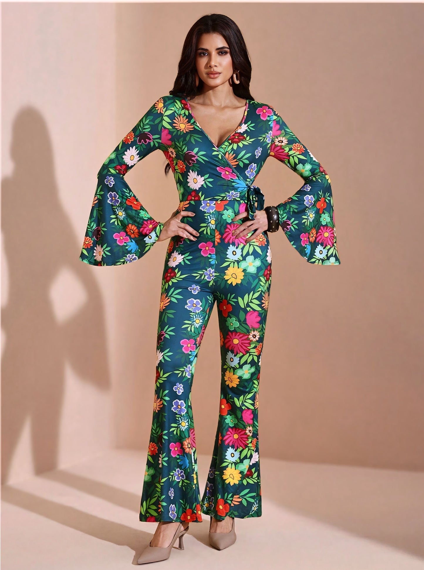 BELANGE HANDMADE X SHEIN - Autumn Floral Print Flare Leg Jumpsuit- Available on SHEIN.COM Only