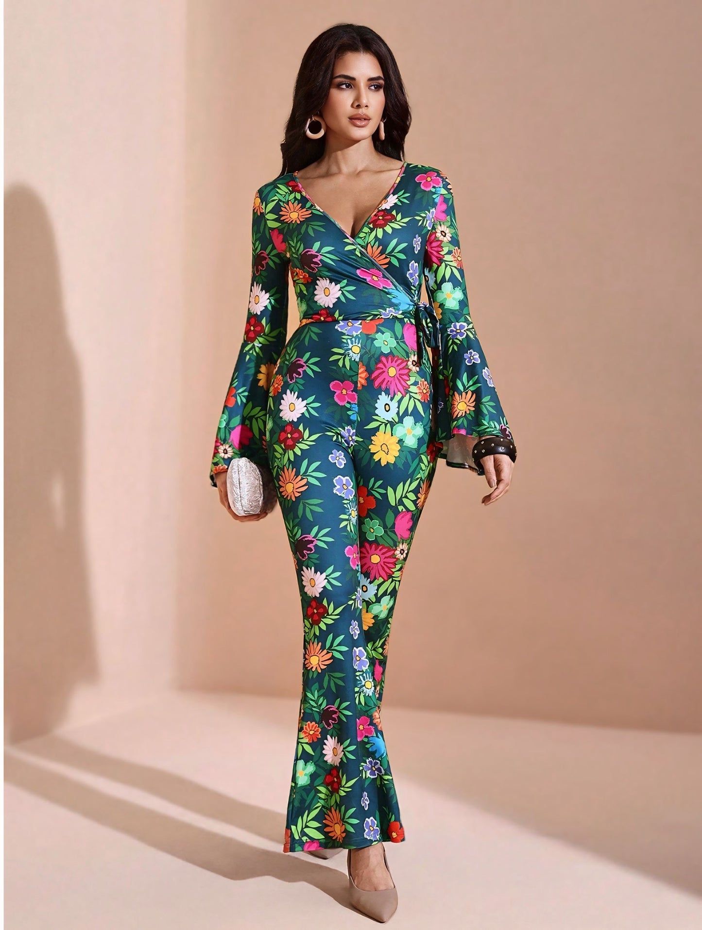 BELANGE HANDMADE X SHEIN - Autumn Floral Print Flare Leg Jumpsuit- Available on SHEIN.COM Only
