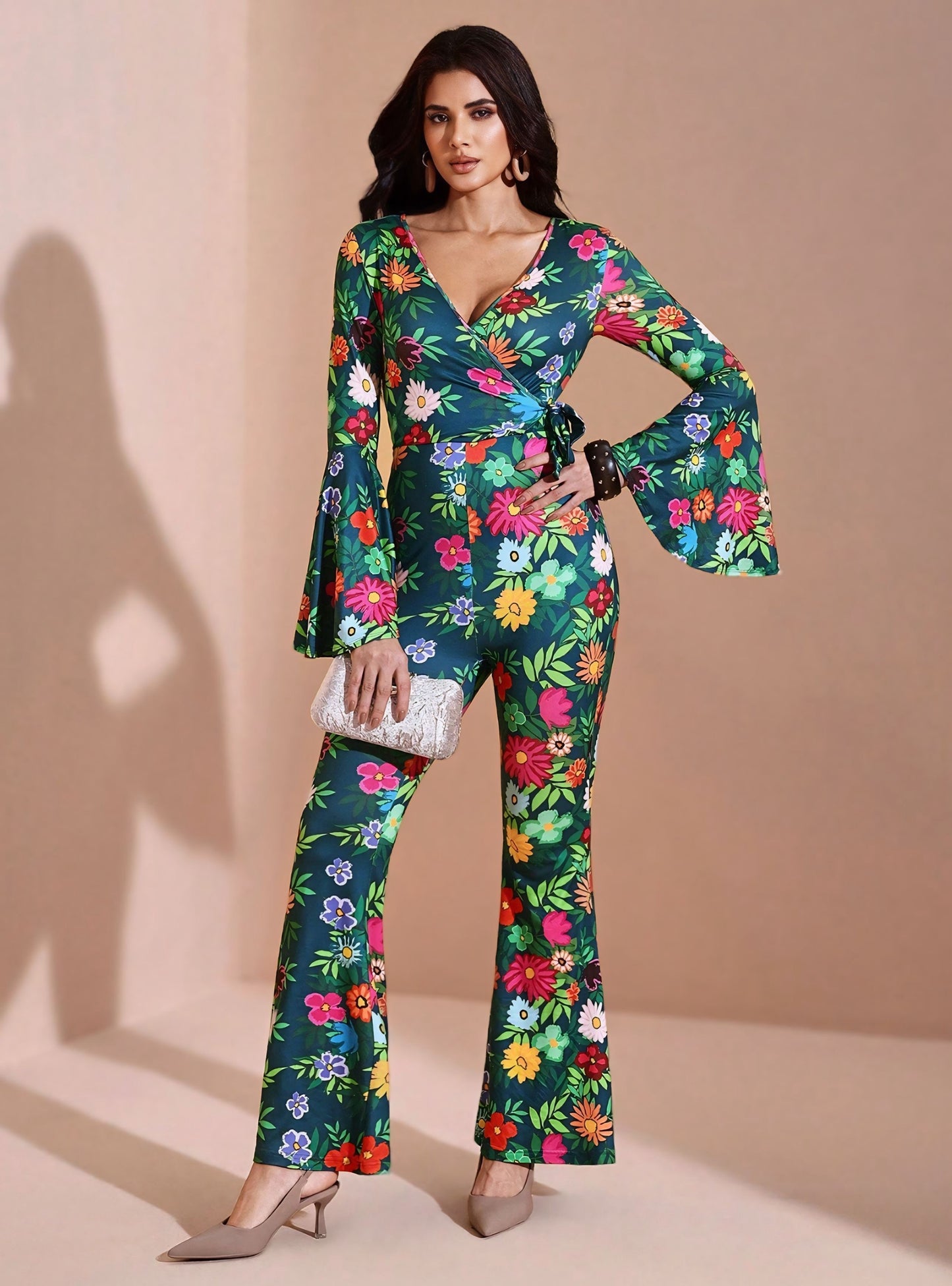 BELANGE HANDMADE X SHEIN - Autumn Floral Print Flare Leg Jumpsuit- Available on SHEIN.COM Only