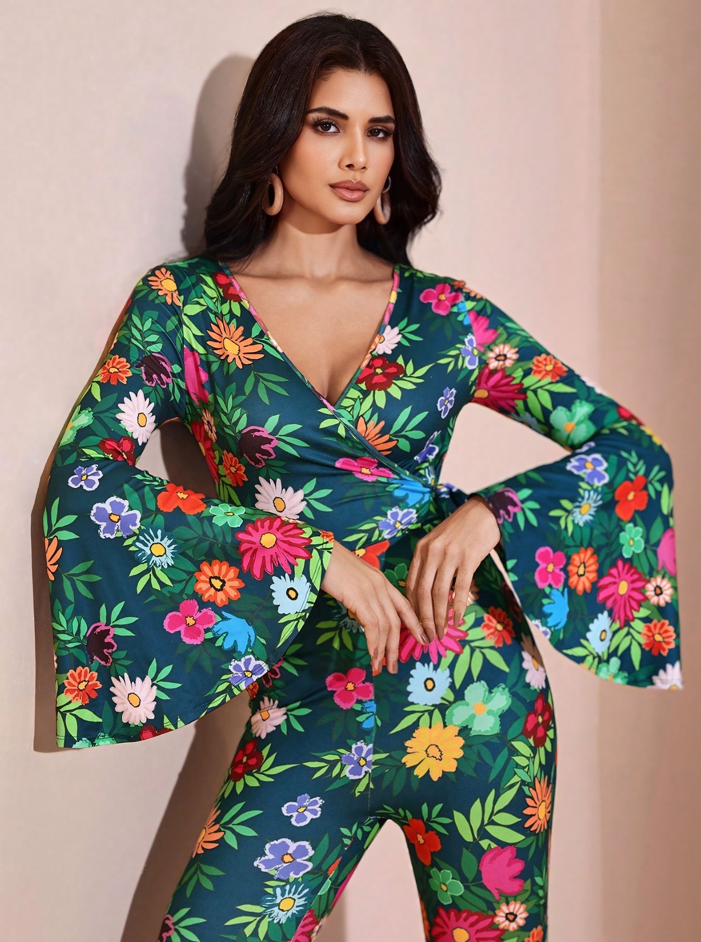 BELANGE HANDMADE X SHEIN - Autumn Floral Print Flare Leg Jumpsuit- Available on SHEIN.COM Only