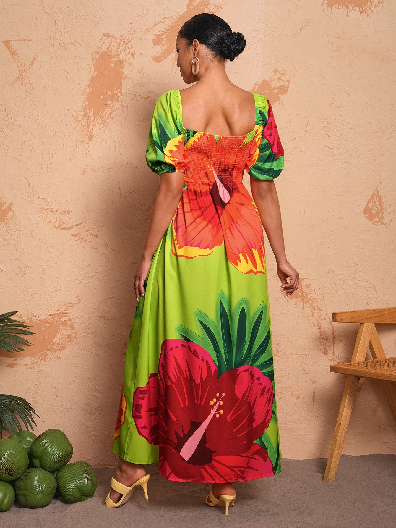 BELANGE HANDMADE x SHEIN - Summer Casual Floral Print Bubble Sleeve Dress With Square Neckline- Available on SHEIN.COM Only