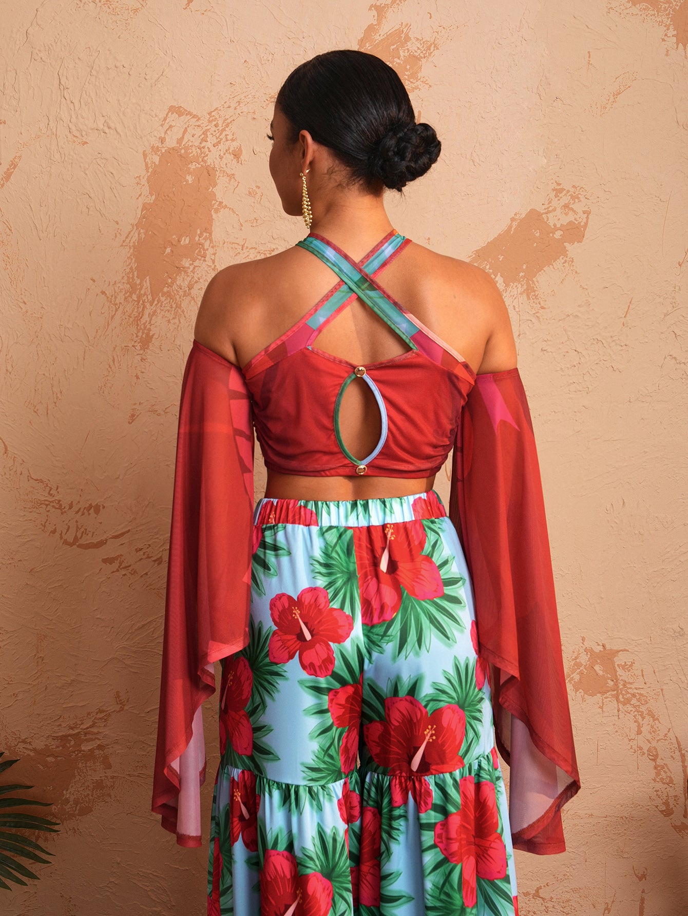 BELANGE HANDMADE x SHEIN - Hollow Circle Shoulder Strap Bell Sleeve Top- Available on SHEIN.COM Only