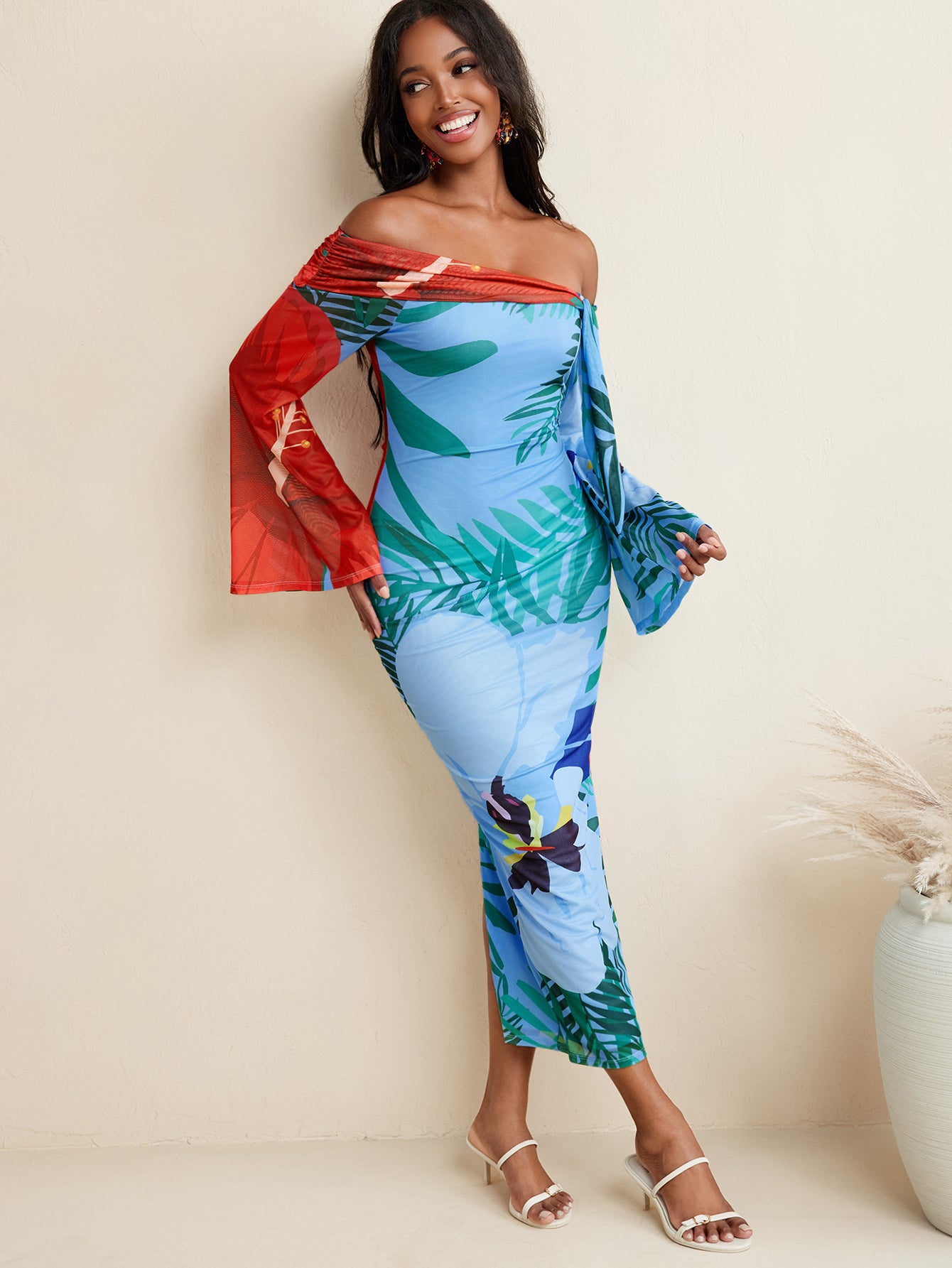 Cocktail Ready - BELANGE HANDMADE x SHEIN - Floral Mesh Print Off Shoulder Bow Flared Long Sleeves Fitted Women Dress - Available on SHEIN.COM