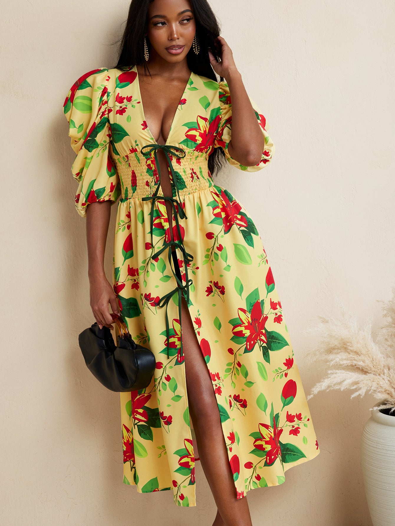 Turning Heads - BELANGE HANDMADE x SHEIN - Floral Print Puff Short Sleeves Smocked Bow Slit Knee Dress Women Vacation Holiday Outfit- Available on SHEIN.COM