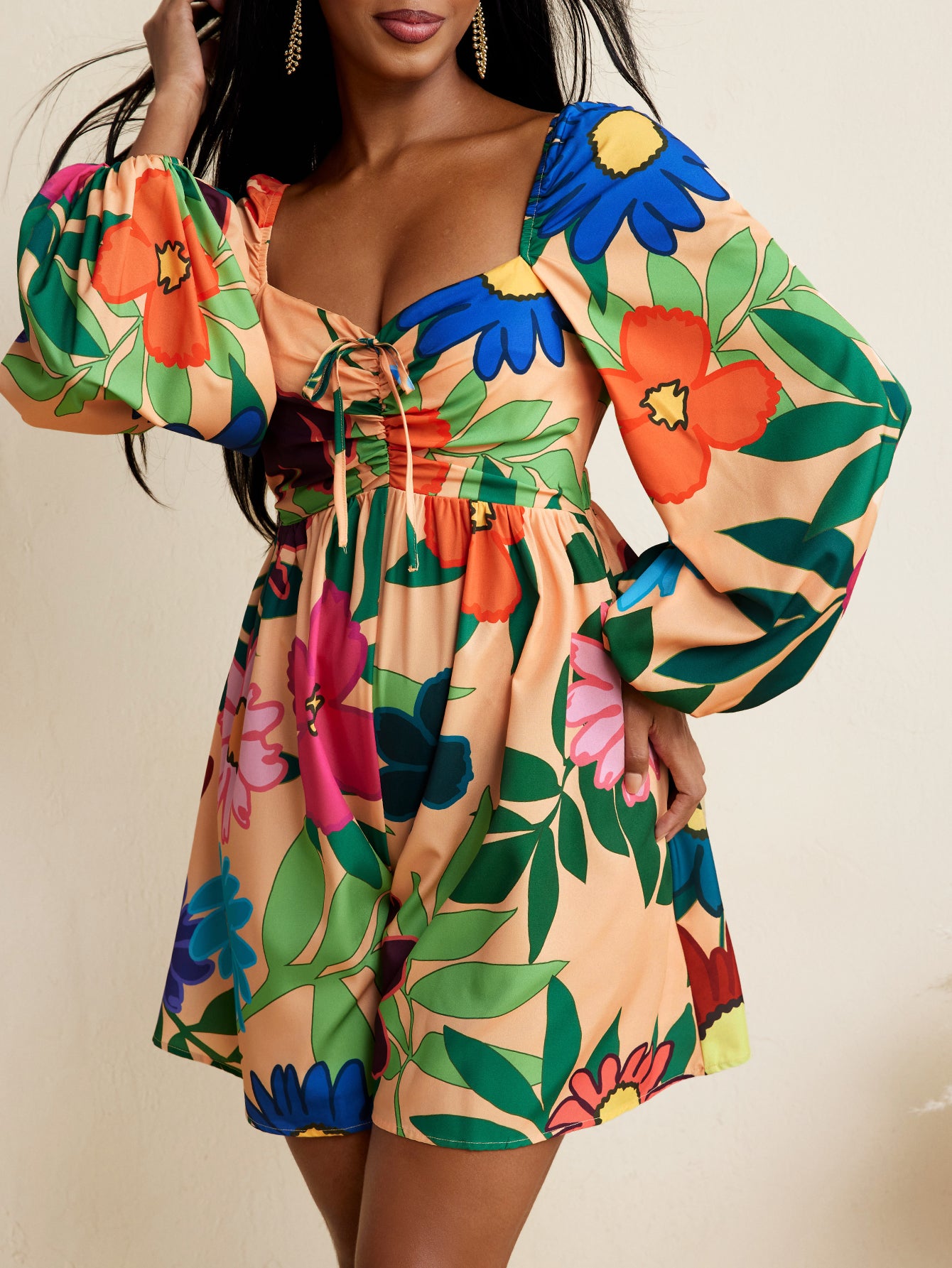 Beach Ready #2 - BELANGE HANDMADE x SHEIN - Floral Print Flared Long Sleeves Bow Romper Vacation Holiday Beach- Available on SHEIN.COM