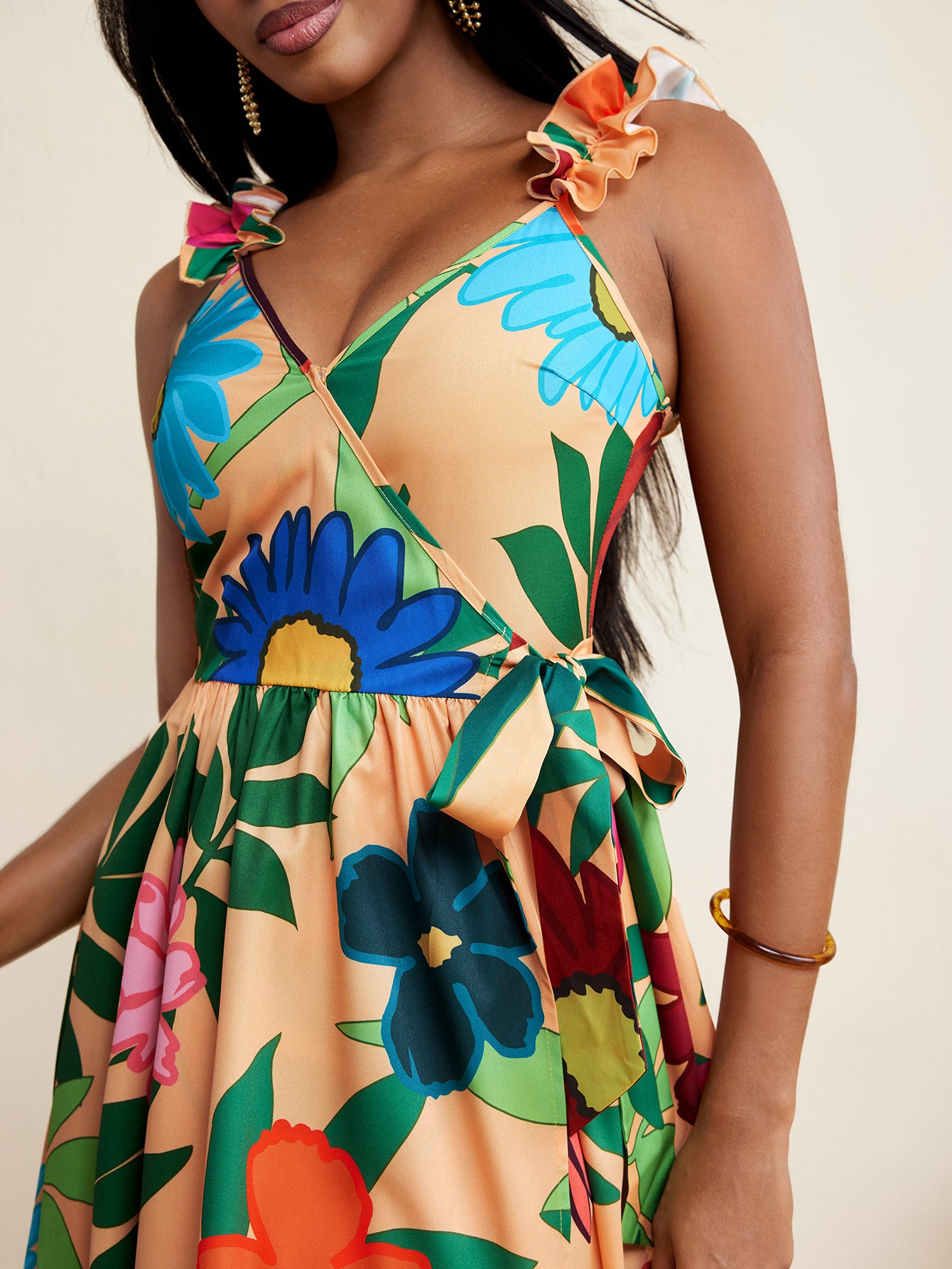 Beach Ready #1 - BELANGE HANDMADE x SHEIN - Floral Print Ruffled Strap Wrap Mini Dress Women's Beachwear Outfits- Available on SHEIN.COM