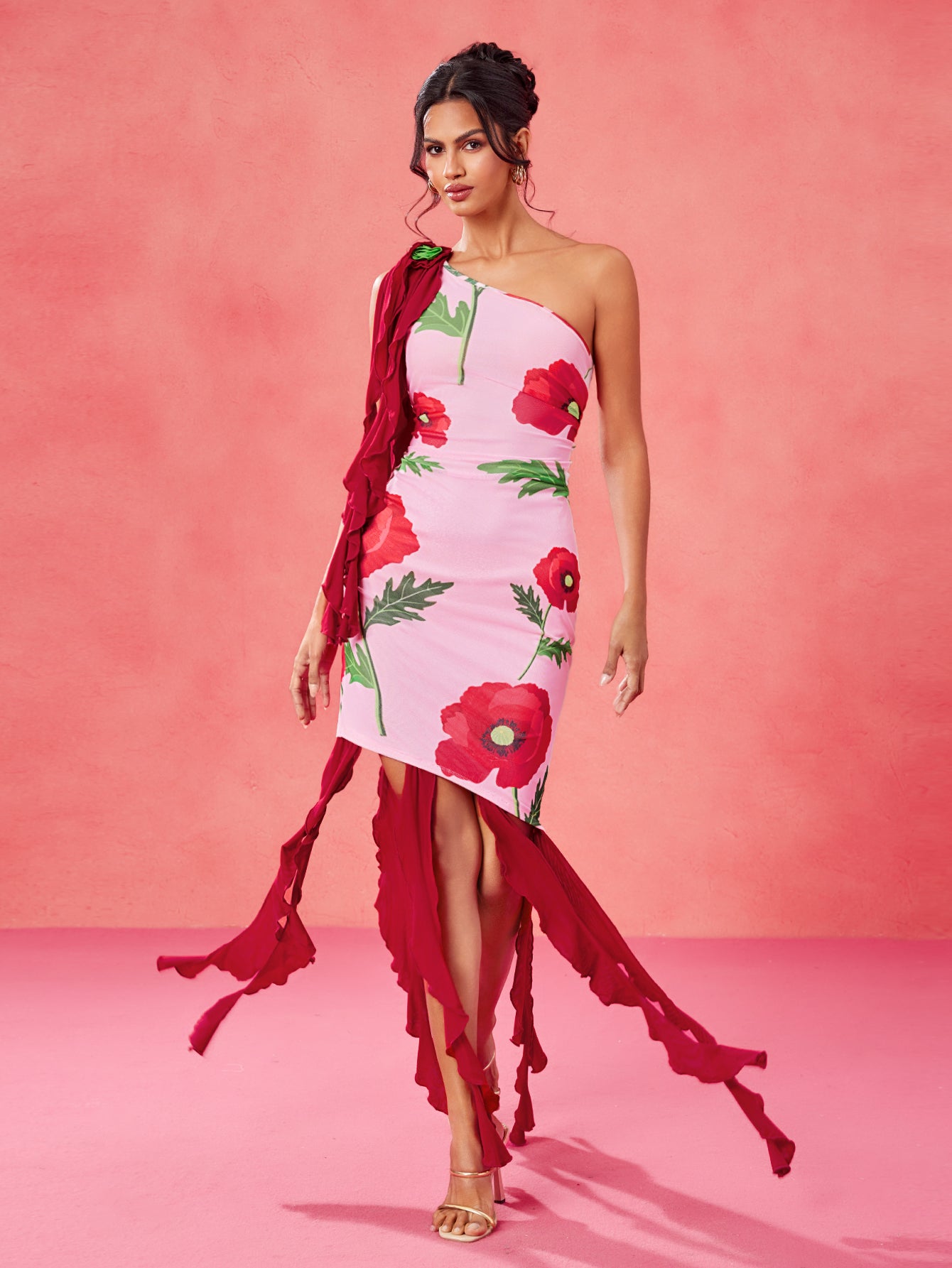 Spicy Poppy - BELANGE HANDMADE x SHEIN - Pink And Red Floral Print One Shoulder Ruffles 3D Flowers Asymmetrical Hem Ruched Mini Dress- Available on SHEIN.COM Only