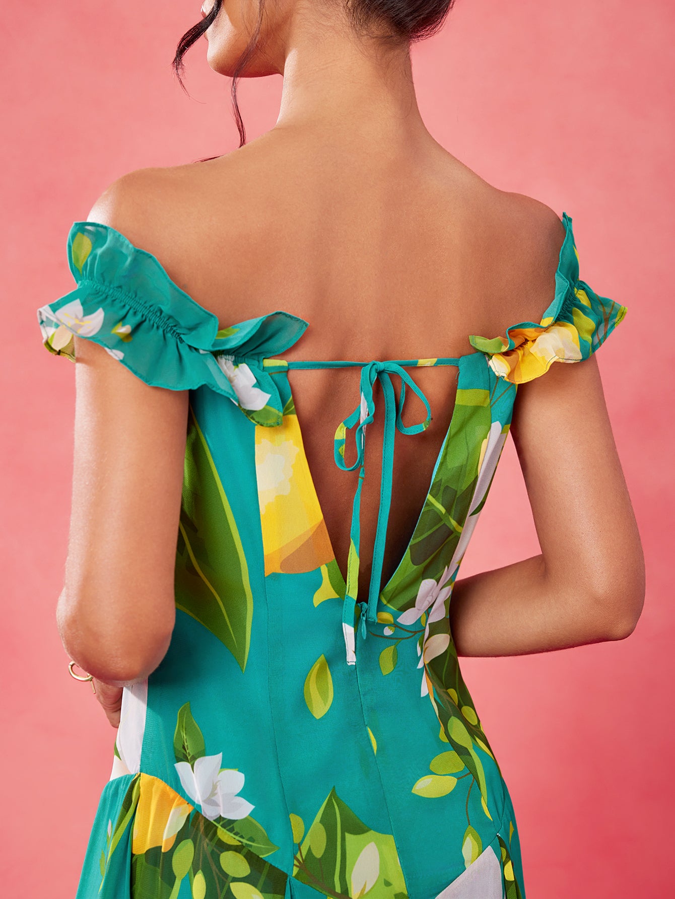 Sweet Magnolia - BELANGE HANDMADE x SHEIN - Boho Bohemian Multicolor Chiffon Lemon & Green Plant Print Off Shoulder Ruffle Sleeve Corset Bodice Drop Waist Elegant Maxi Dress- Available on SHEIN.COM Only