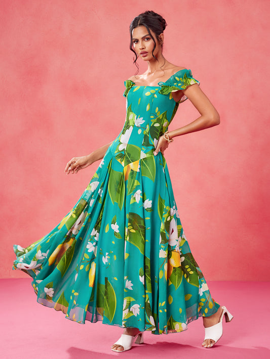 Sweet Magnolia - BELANGE HANDMADE x SHEIN - Boho Bohemian Multicolor Chiffon Lemon & Green Plant Print Off Shoulder Ruffle Sleeve Corset Bodice Drop Waist Elegant Maxi Dress- Available on SHEIN.COM Only