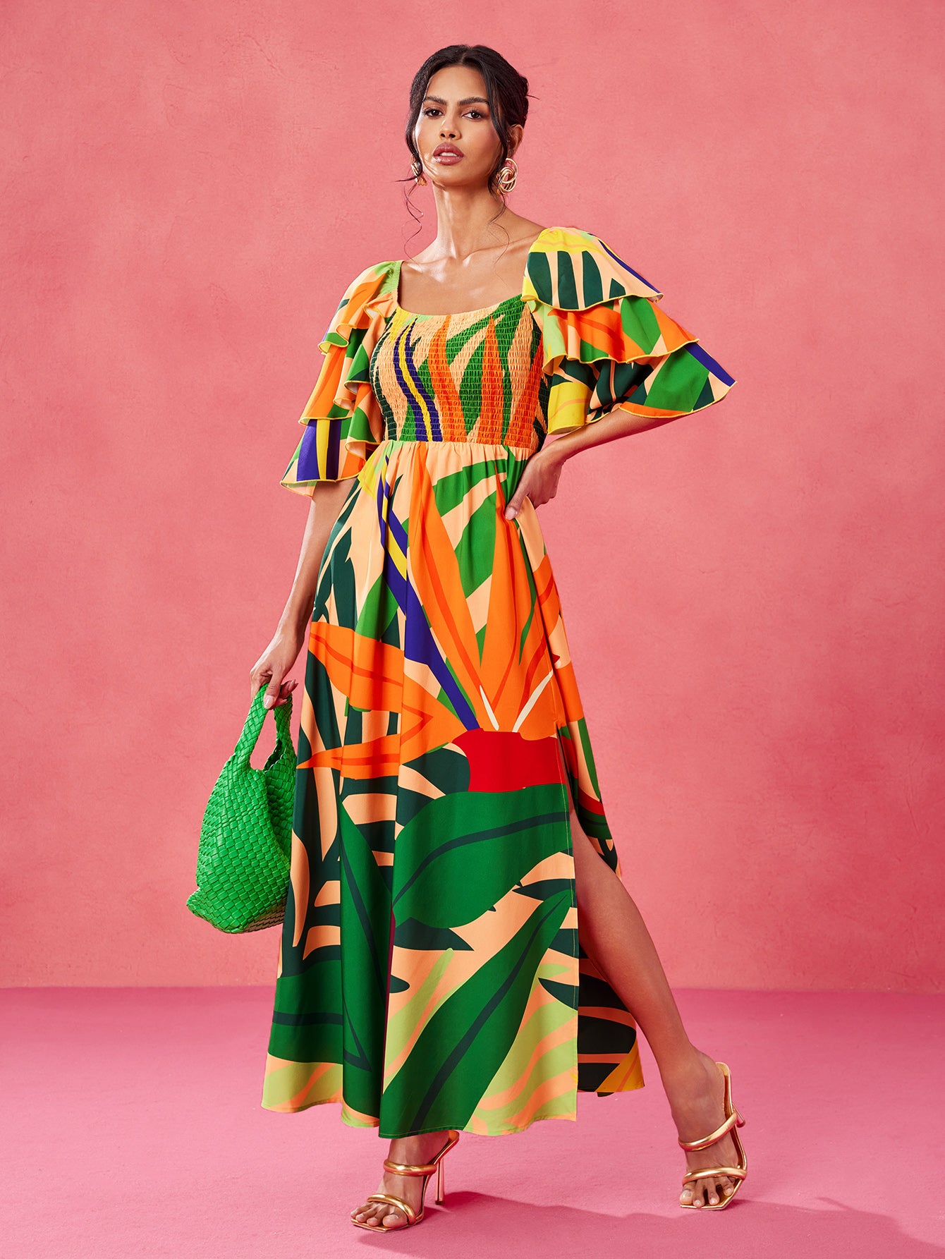 Sweet Tropical Burst- BELANGE HANDMADE x SHEIN - Boho Bohemian Multicolor Print Smocked Shirred Bodice Tiered Ruffle Sleeves Slit Maxi Dress- Available on SHEIN.COM Only