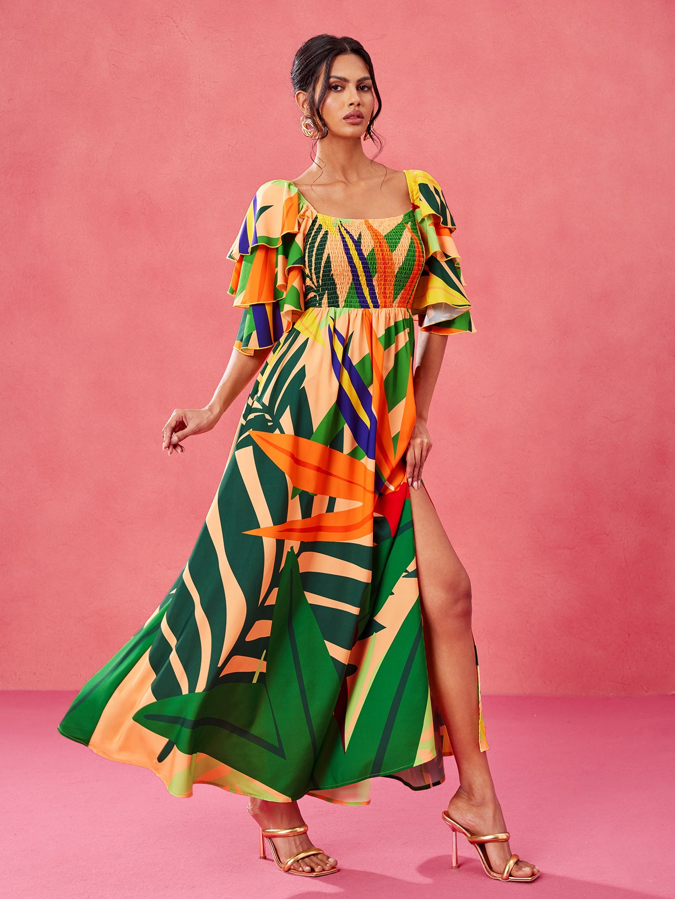 Sweet Tropical Burst- BELANGE HANDMADE x SHEIN - Boho Bohemian Multicolor Print Smocked Shirred Bodice Tiered Ruffle Sleeves Slit Maxi Dress- Available on SHEIN.COM Only