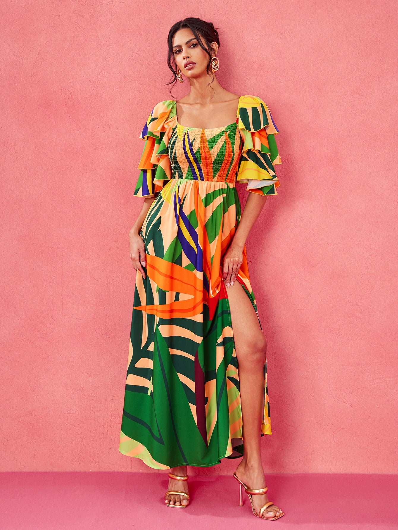 Sweet Tropical Burst- BELANGE HANDMADE x SHEIN - Boho Bohemian Multicolor Print Smocked Shirred Bodice Tiered Ruffle Sleeves Slit Maxi Dress- Available on SHEIN.COM Only