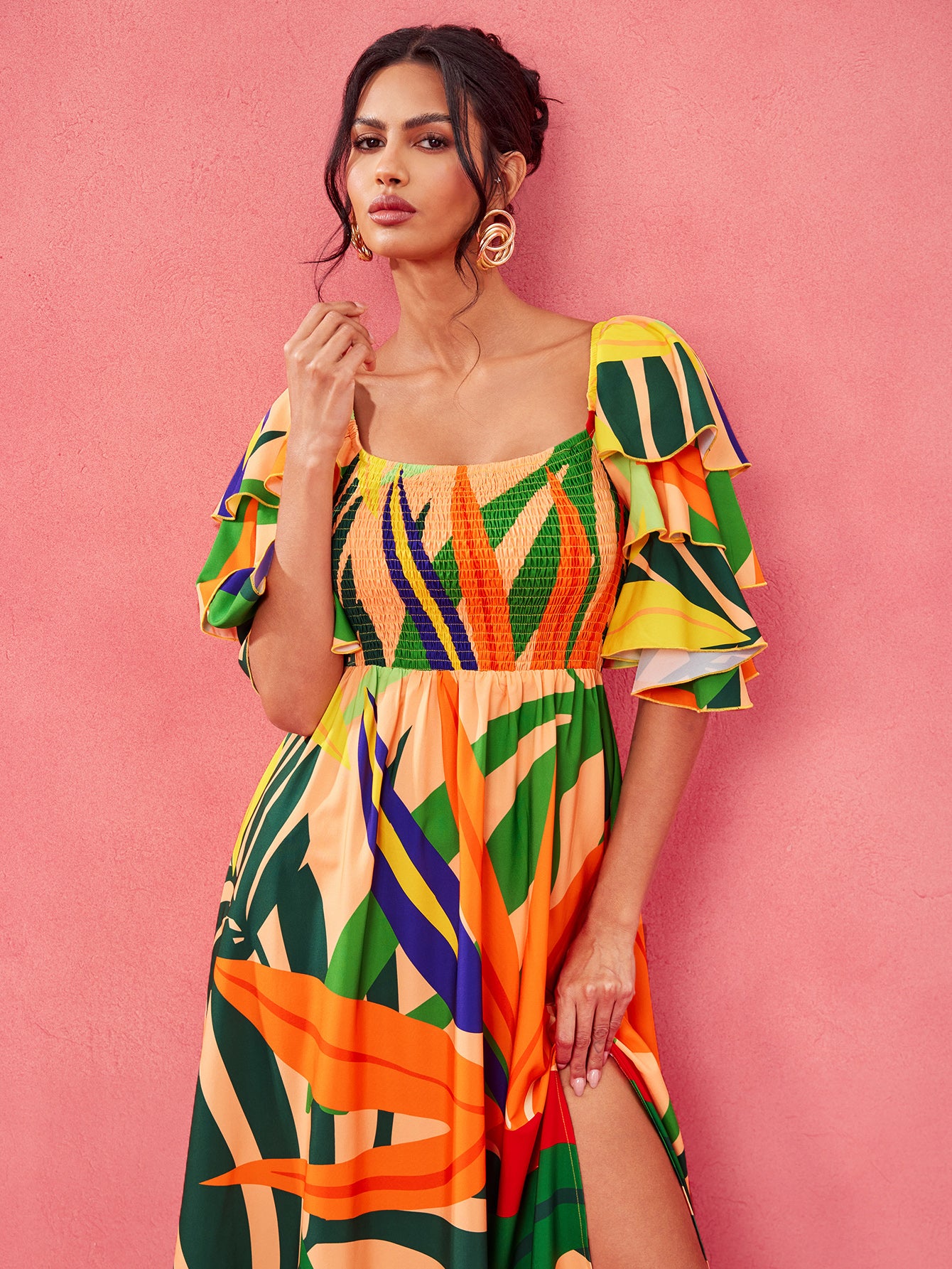 Sweet Tropical Burst- BELANGE HANDMADE x SHEIN - Boho Bohemian Multicolor Print Smocked Shirred Bodice Tiered Ruffle Sleeves Slit Maxi Dress- Available on SHEIN.COM Only