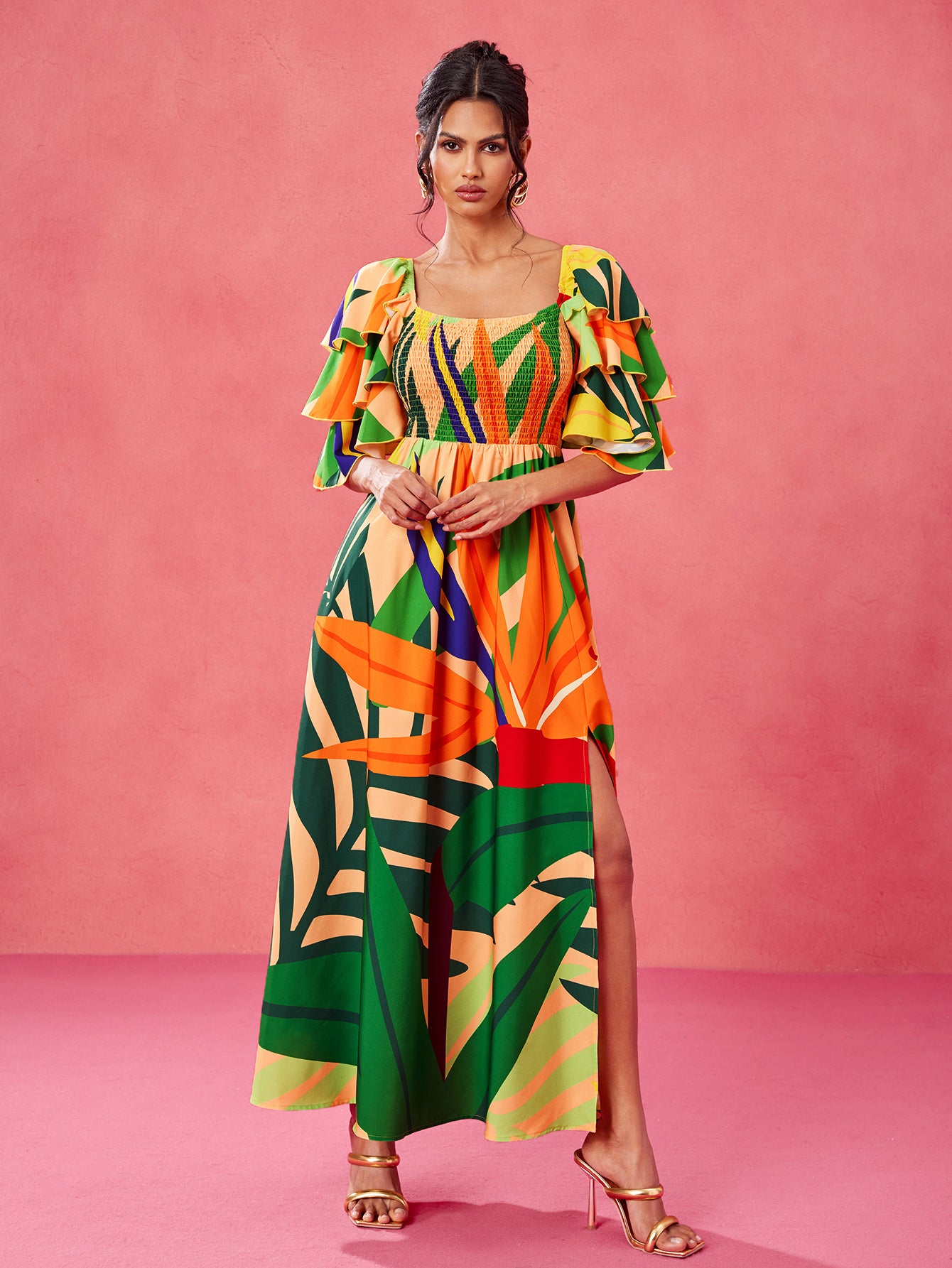 Sweet Tropical Burst- BELANGE HANDMADE x SHEIN - Boho Bohemian Multicolor Print Smocked Shirred Bodice Tiered Ruffle Sleeves Slit Maxi Dress- Available on SHEIN.COM Only