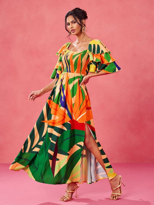 Sweet Tropical Burst- BELANGE HANDMADE x SHEIN - Boho Bohemian Multicolor Print Smocked Shirred Bodice Tiered Ruffle Sleeves Slit Maxi Dress- Available on SHEIN.COM Only