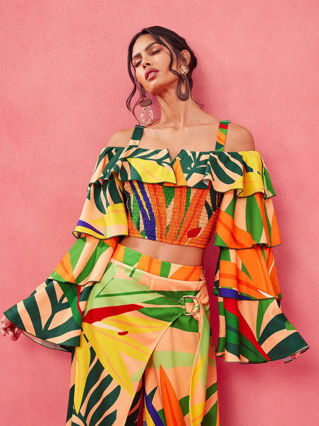 Sweet Tropical Burst- BELANGE HANDMADE x SHEIN - Boho Bohemian Position Print Ruffle Tiered Sleeves Off Shoulder Smocking Shirred Top- Available on SHEIN.COM Only