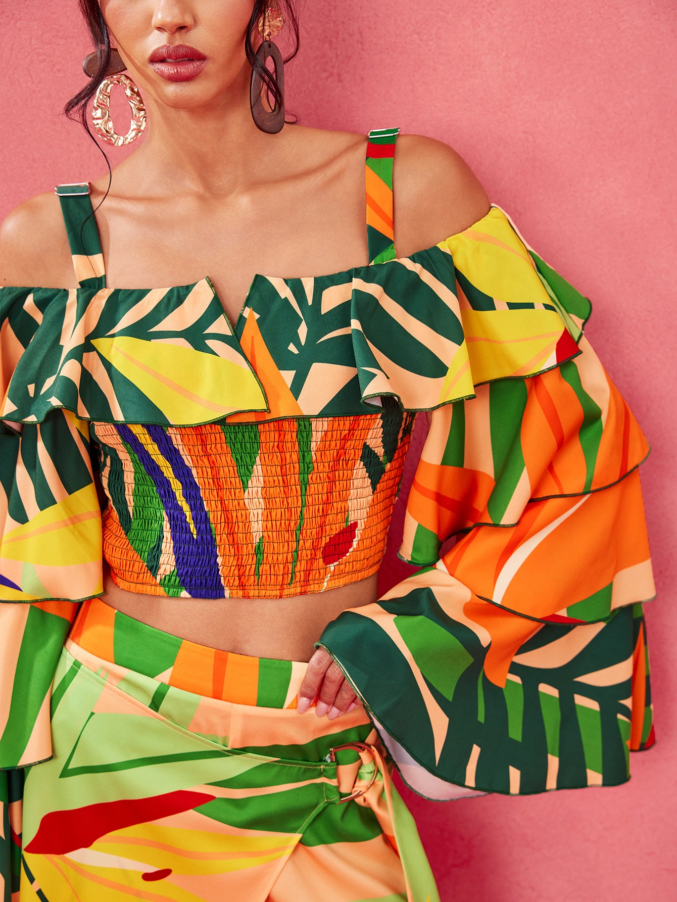 Sweet Tropical Burst- BELANGE HANDMADE x SHEIN - Boho Bohemian Position Print Ruffle Tiered Sleeves Off Shoulder Smocking Shirred Top- Available on SHEIN.COM Only