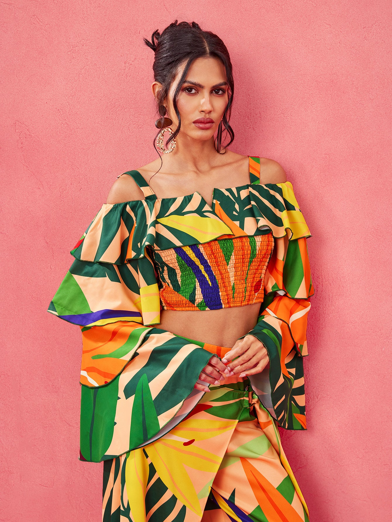 Sweet Tropical Burst- BELANGE HANDMADE x SHEIN - Boho Bohemian Position Print Ruffle Tiered Sleeves Off Shoulder Smocking Shirred Top- Available on SHEIN.COM Only