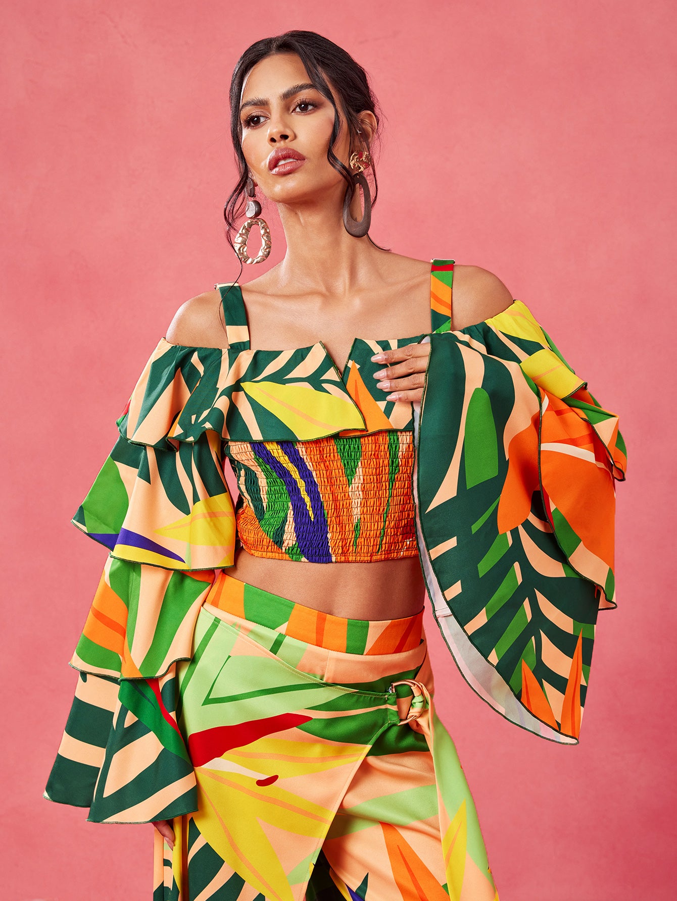 Sweet Tropical Burst- BELANGE HANDMADE x SHEIN - Boho Bohemian Position Print Ruffle Tiered Sleeves Off Shoulder Smocking Shirred Top- Available on SHEIN.COM Only