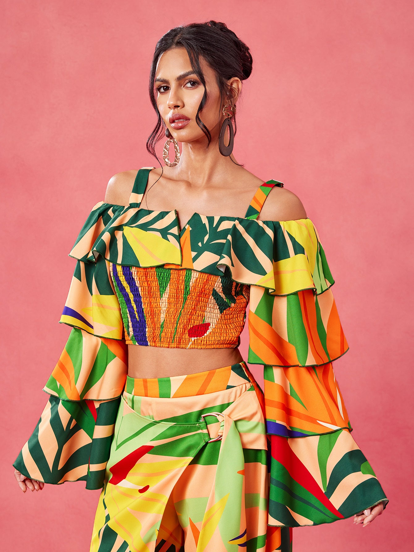 Sweet Tropical Burst- BELANGE HANDMADE x SHEIN - Boho Bohemian Position Print Ruffle Tiered Sleeves Off Shoulder Smocking Shirred Top- Available on SHEIN.COM Only