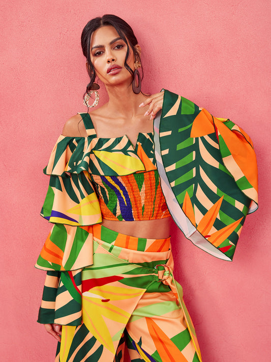 Sweet Tropical Burst- BELANGE HANDMADE x SHEIN - Boho Bohemian Position Print Ruffle Tiered Sleeves Off Shoulder Smocking Shirred Top- Available on SHEIN.COM Only