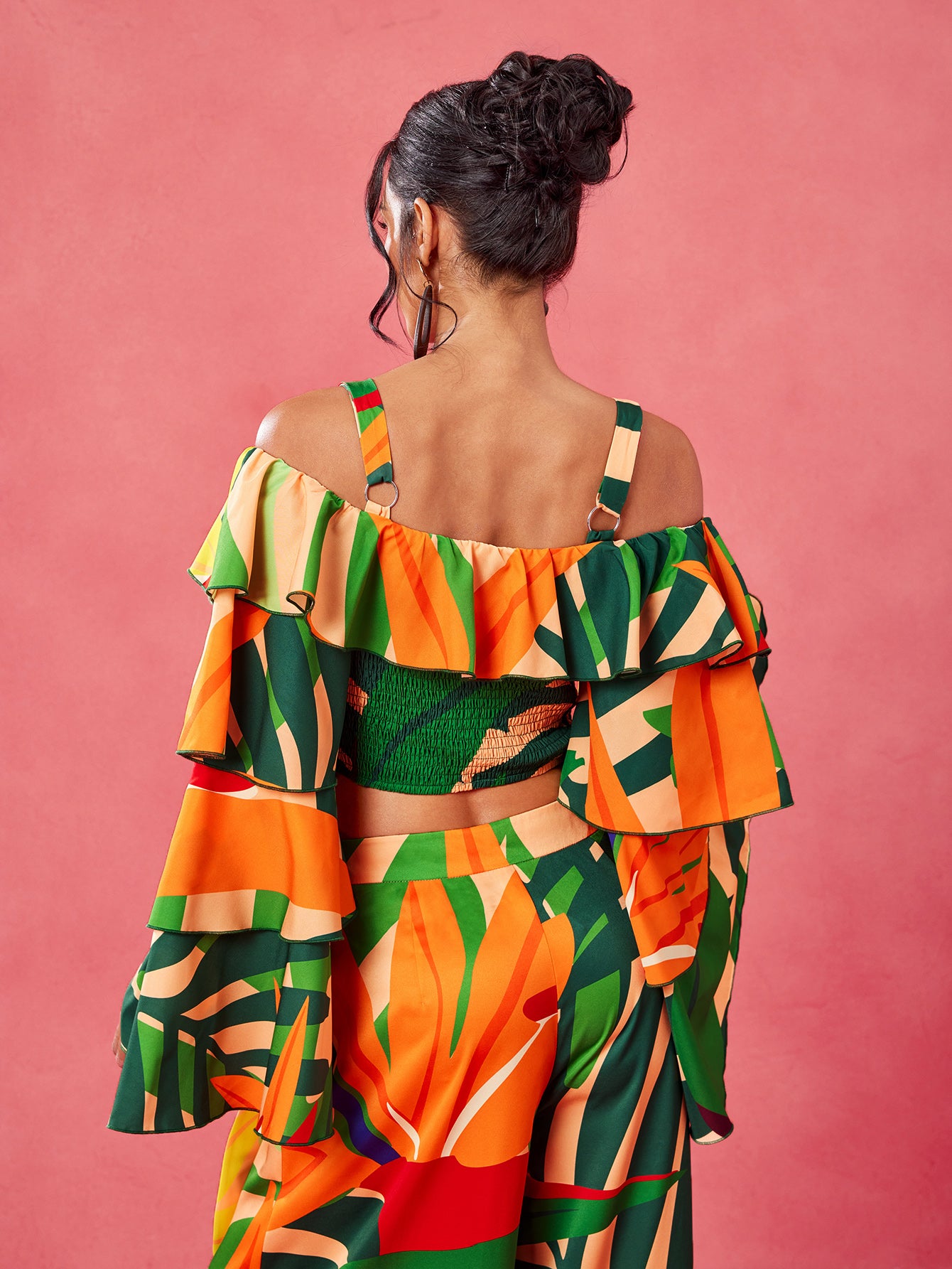 Sweet Tropical Burst- BELANGE HANDMADE x SHEIN - Boho Bohemian Position Print Ruffle Tiered Sleeves Off Shoulder Smocking Shirred Top- Available on SHEIN.COM Only