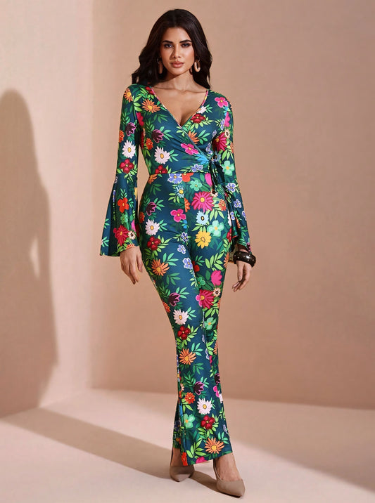 BELANGE HANDMADE X SHEIN - Autumn Floral Print Flare Leg Jumpsuit- Available on SHEIN.COM Only