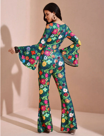 BELANGE HANDMADE X SHEIN - Autumn Floral Print Flare Leg Jumpsuit- Available on SHEIN.COM Only