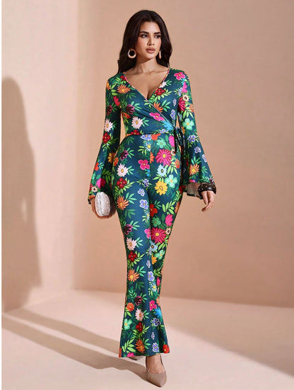 BELANGE HANDMADE X SHEIN - Autumn Floral Print Flare Leg Jumpsuit- Available on SHEIN.COM Only