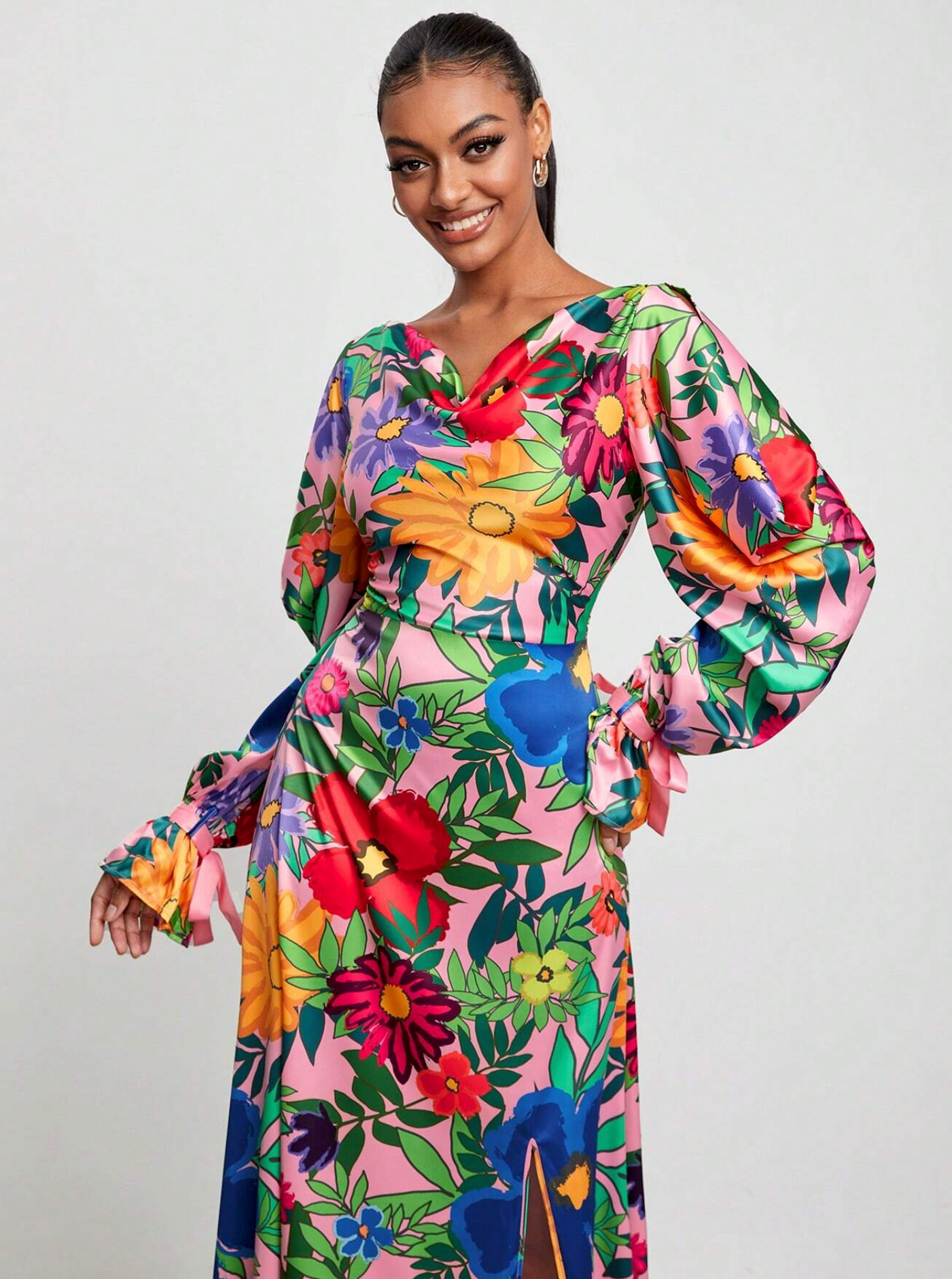 BELANGE HANDMADE X SHEIN - Floral Print Flare Sleeve Split Thigh Dress - Available on SHEIN.COM Only