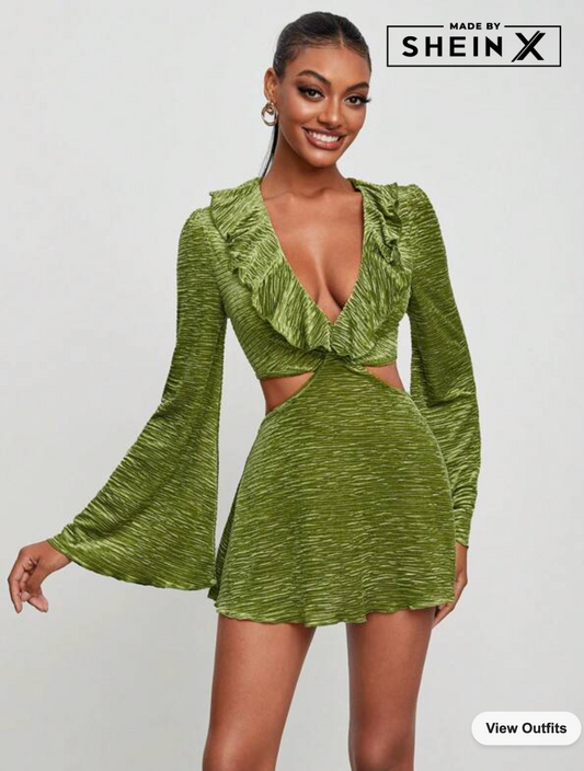 BELANGE HANDMADE x SHEIN - Plunging Neck Ruffle Trim Flare Sleeve Tee - Available on SHEIN.COM Only