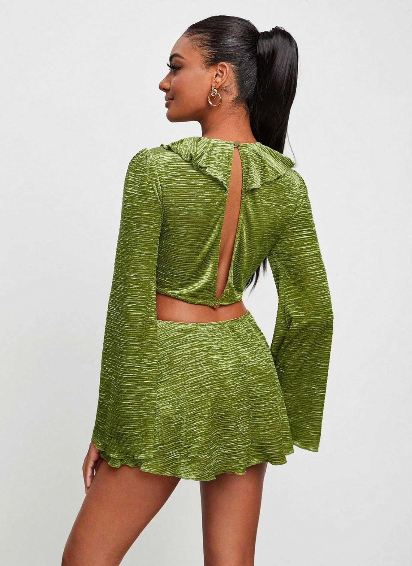 BELANGE HANDMADE x SHEIN - Plunging Neck Ruffle Trim Flare Sleeve Tee - Available on SHEIN.COM Only