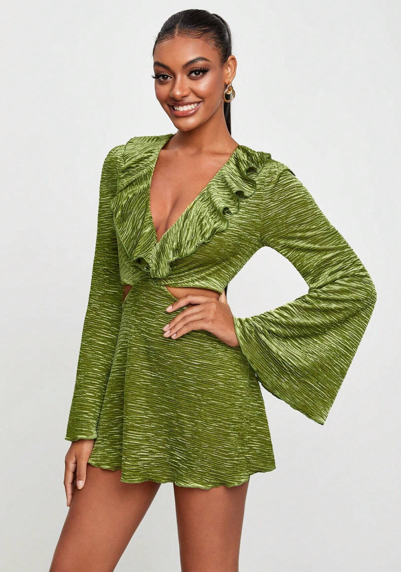 BELANGE HANDMADE x SHEIN - Plunging Neck Ruffle Trim Flare Sleeve Tee - Available on SHEIN.COM Only