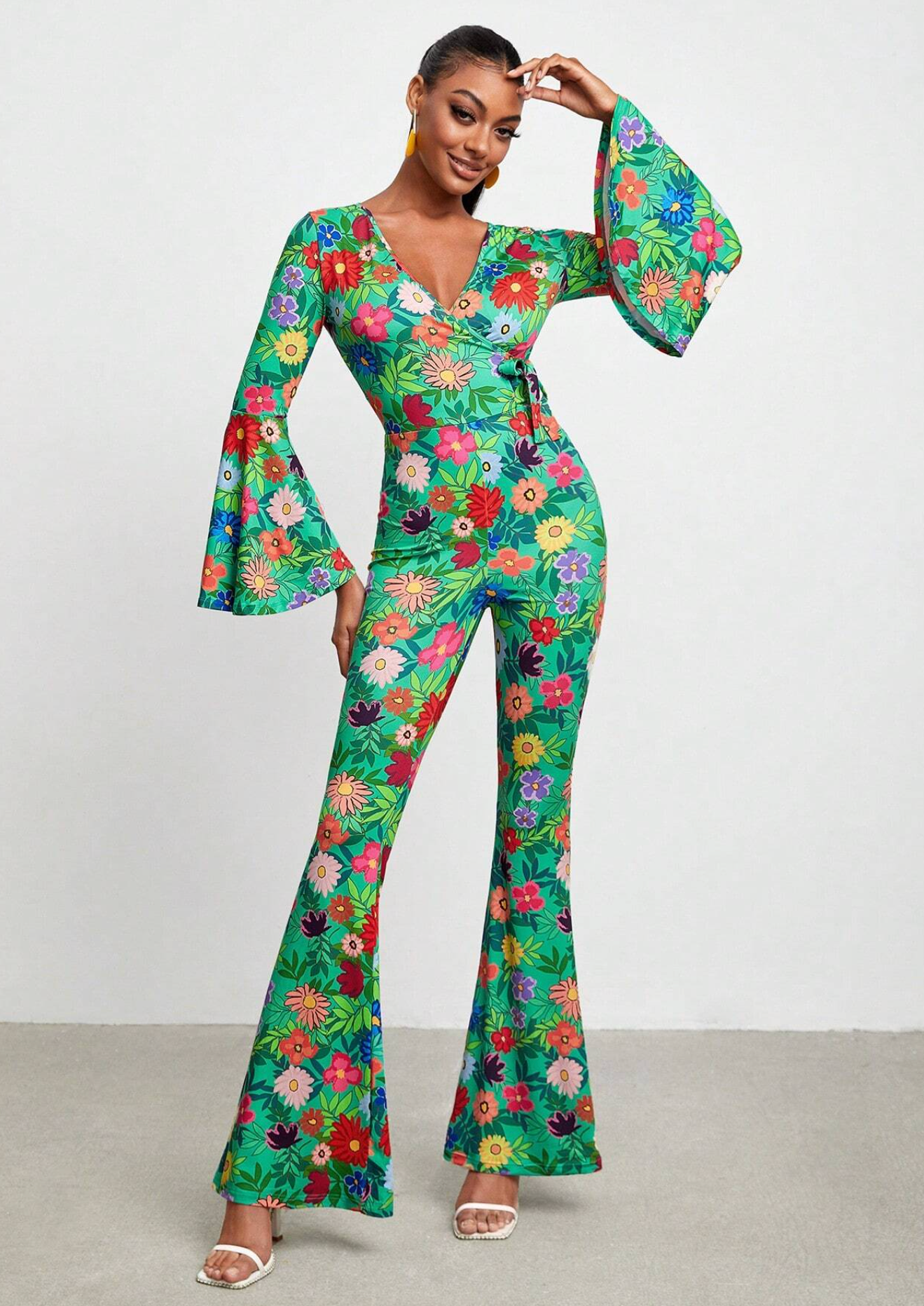 BELANGE HANDMADE X SHEIN - Floral Print Flare Leg Jumpsuit- Available on SHEIN.COM Only