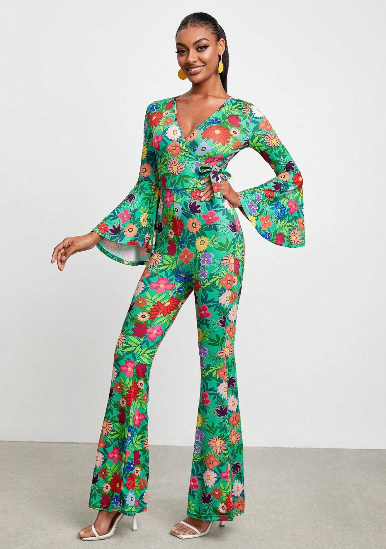 BELANGE HANDMADE X SHEIN - Floral Print Flare Leg Jumpsuit- Available on SHEIN.COM Only
