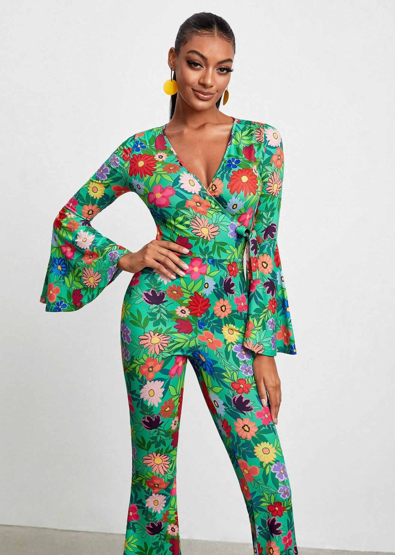 BELANGE HANDMADE X SHEIN - Floral Print Flare Leg Jumpsuit- Available on SHEIN.COM Only
