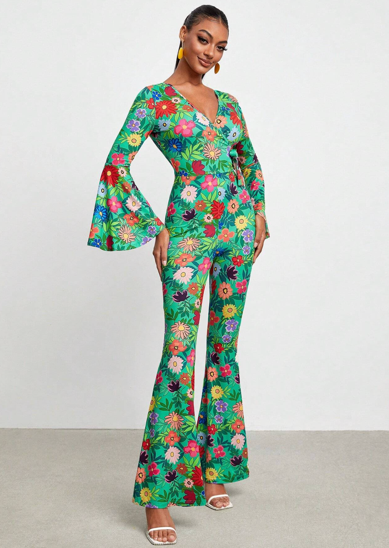 BELANGE HANDMADE X SHEIN - Floral Print Flare Leg Jumpsuit- Available on SHEIN.COM Only