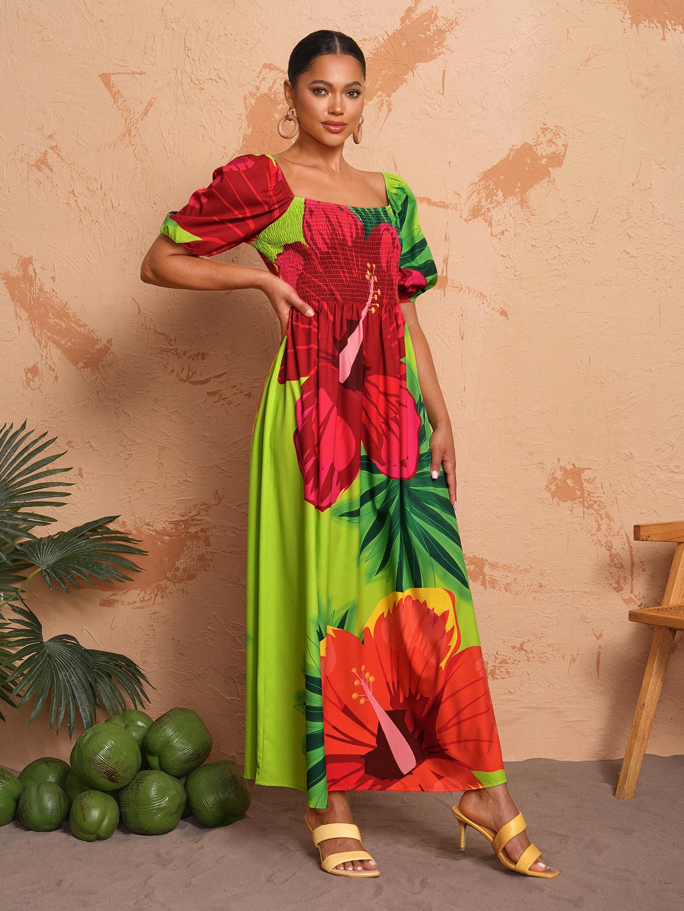 BELANGE HANDMADE x SHEIN - Summer Casual Floral Print Bubble Sleeve Dress With Square Neckline- Available on SHEIN.COM Only
