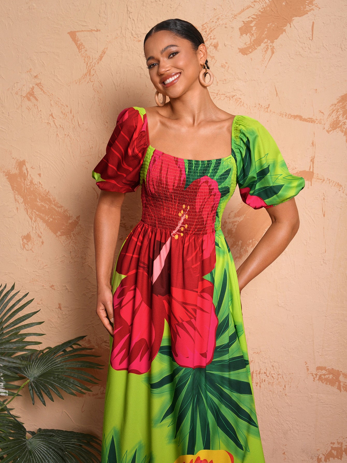 BELANGE HANDMADE x SHEIN - Summer Casual Floral Print Bubble Sleeve Dress With Square Neckline- Available on SHEIN.COM Only