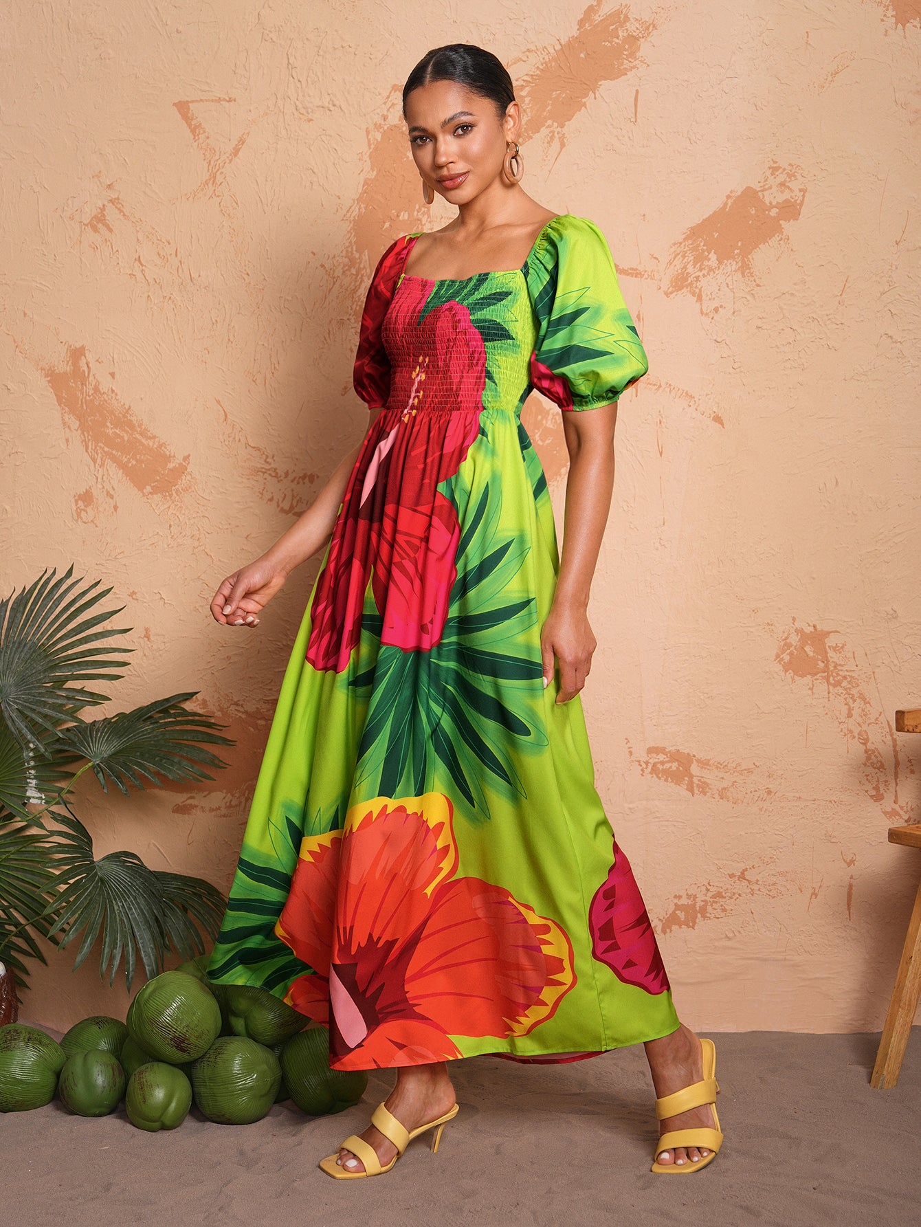 BELANGE HANDMADE x SHEIN - Summer Casual Floral Print Bubble Sleeve Dress With Square Neckline- Available on SHEIN.COM Only