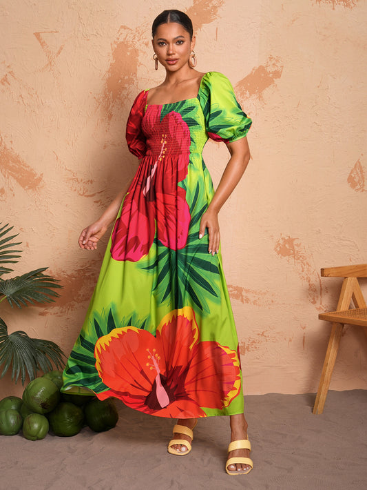 BELANGE HANDMADE x SHEIN - Summer Casual Floral Print Bubble Sleeve Dress With Square Neckline- Available on SHEIN.COM Only
