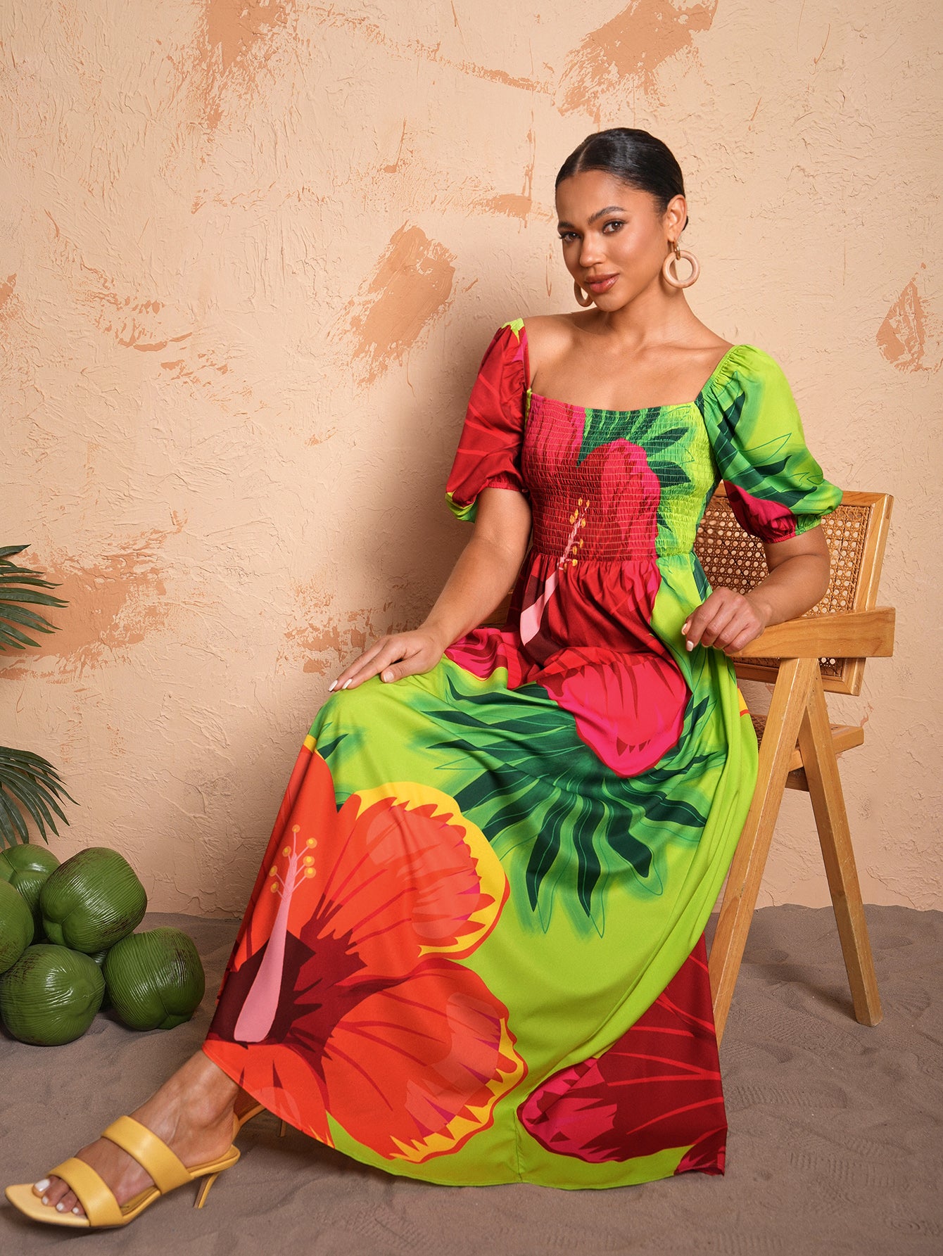 BELANGE HANDMADE x SHEIN - Summer Casual Floral Print Bubble Sleeve Dress With Square Neckline- Available on SHEIN.COM Only